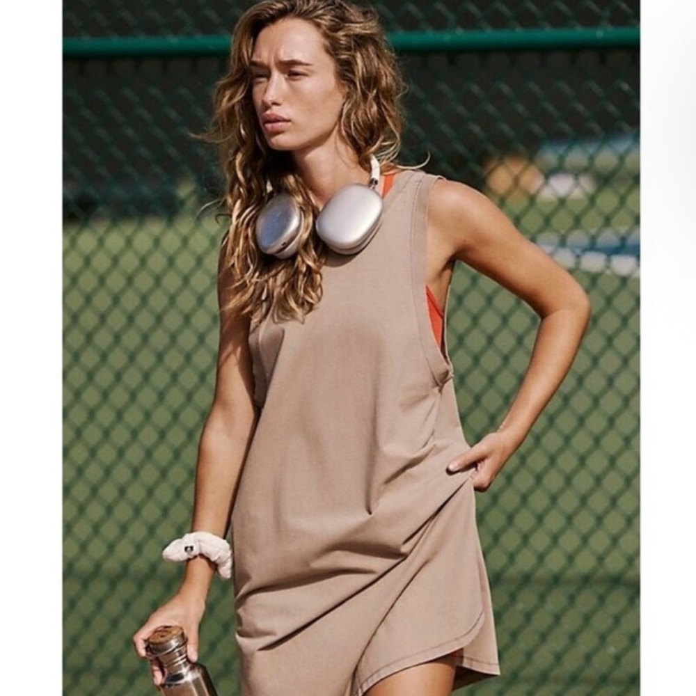 FP Movement by Free People Beige Tank Dress with Orange Sports Bra Peek